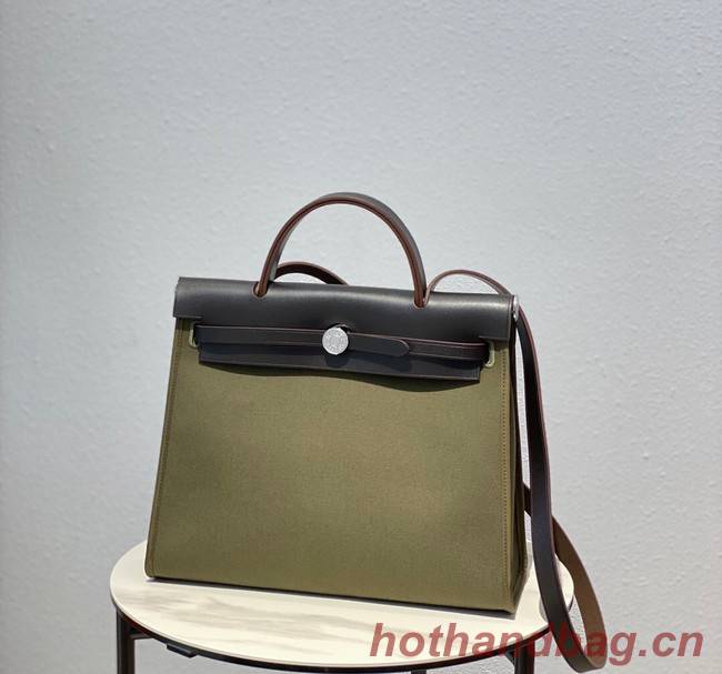 Hermes Herbag 31CM Original Canvas Leather & Calfskin 48887 green&brown