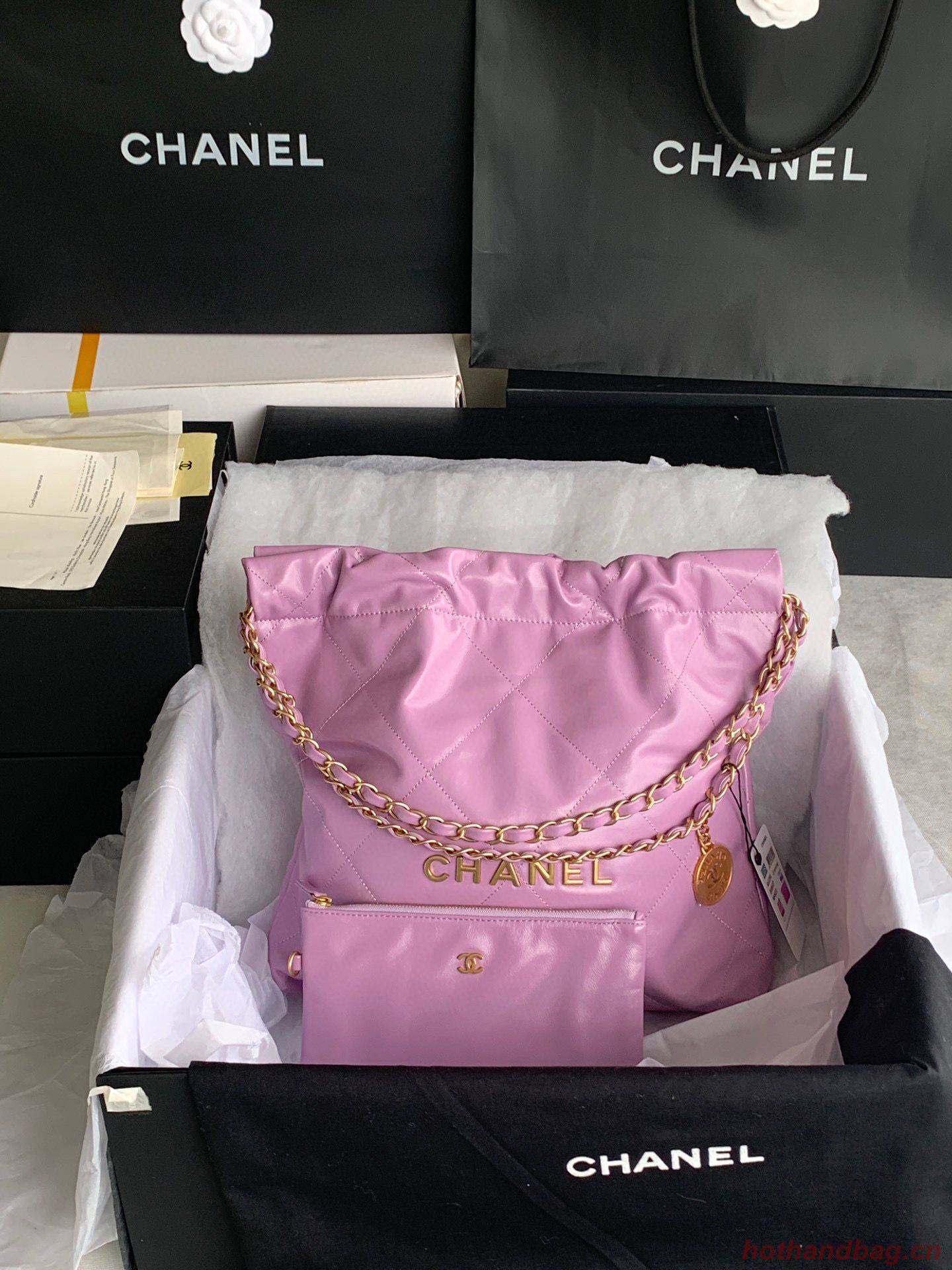 CHANEL 22 HANDBAG Shiny Calfskin & Gold-Tone Metal AS3261 AS3260 Purple