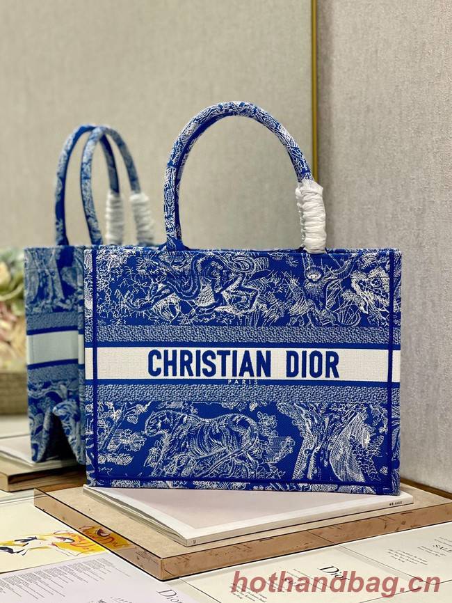 MEDIUM DIOR BOOK TOTE Fluorescent Blue Toile de Jouy Reverse Embroidery M1296ZROC