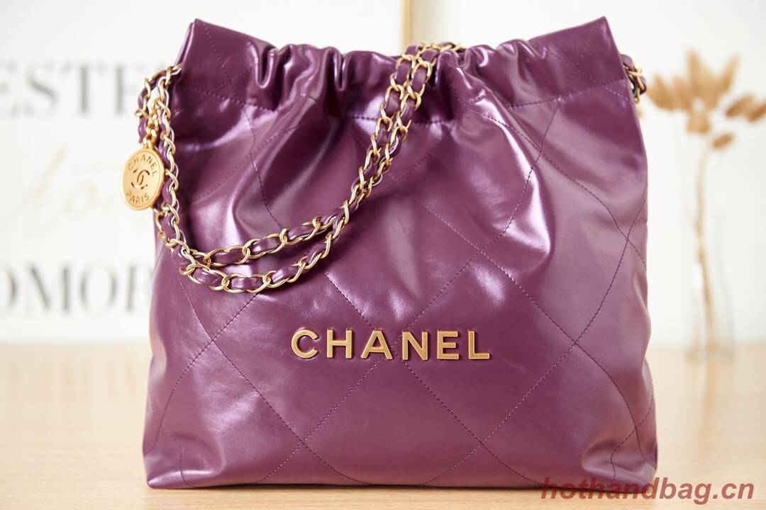 CHANEL 22 HANDBAG Calfskin & gold-Tone Metal AS3261 dark Purple