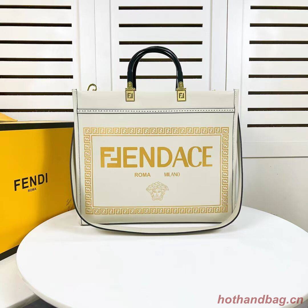 Fendi Sunshine Medium Fendace Printed leather Logo shopper 8BH386A white