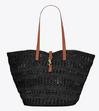 SAINT LAURENT PANIER MEDIUM BAG IN CROCHET RAFFIA AND SMOOTH LEATHER 688221 NOIR