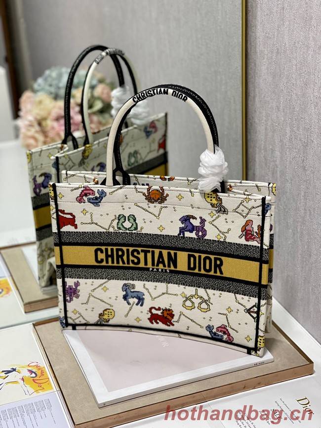 MEDIUM DIOR BOOK TOTE Latte Multicolor Dior Pixel Zodiac Embroidery M1296ZRUV