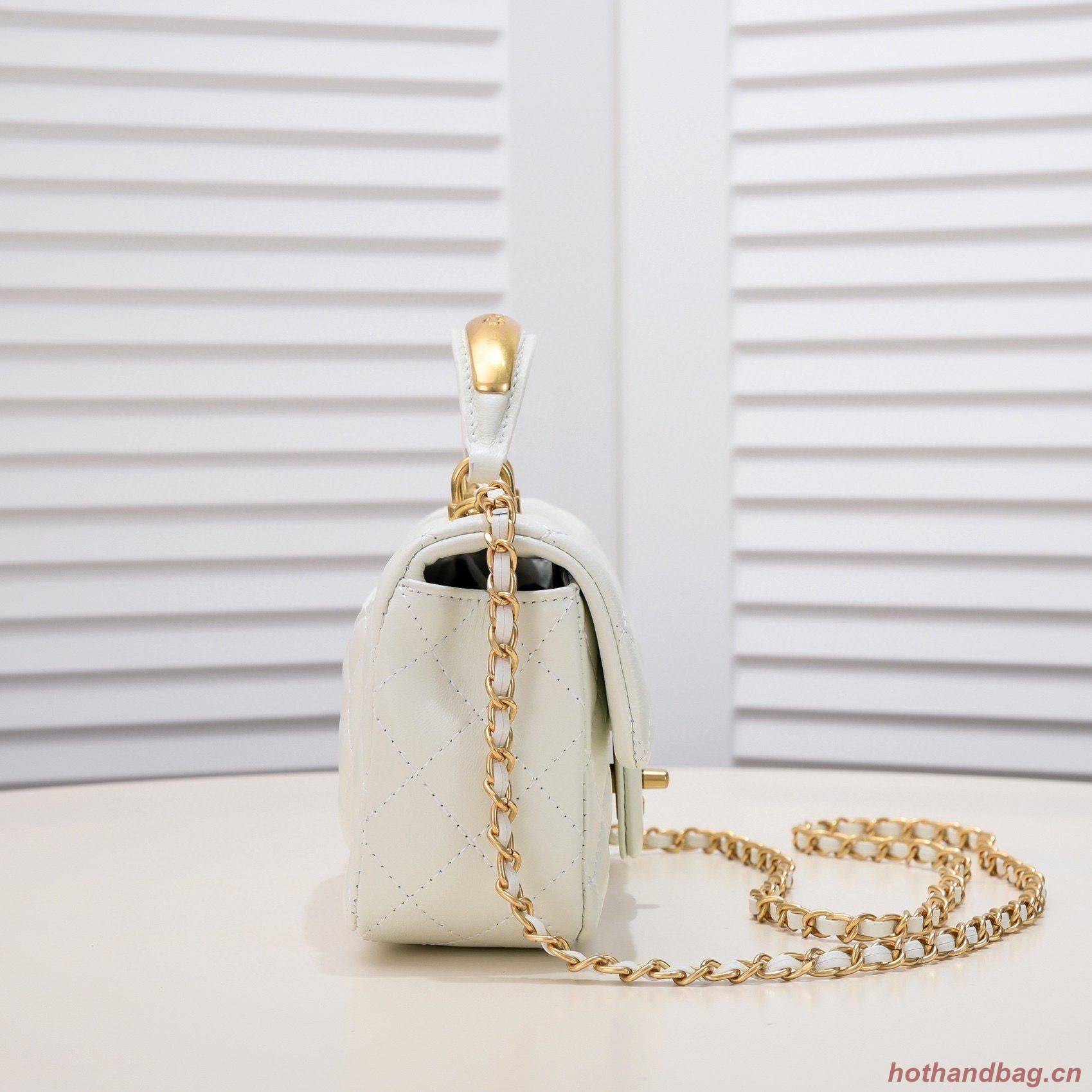 CHANEL 22B mini CF flap bag with Gold hardware top handle AS2431 White