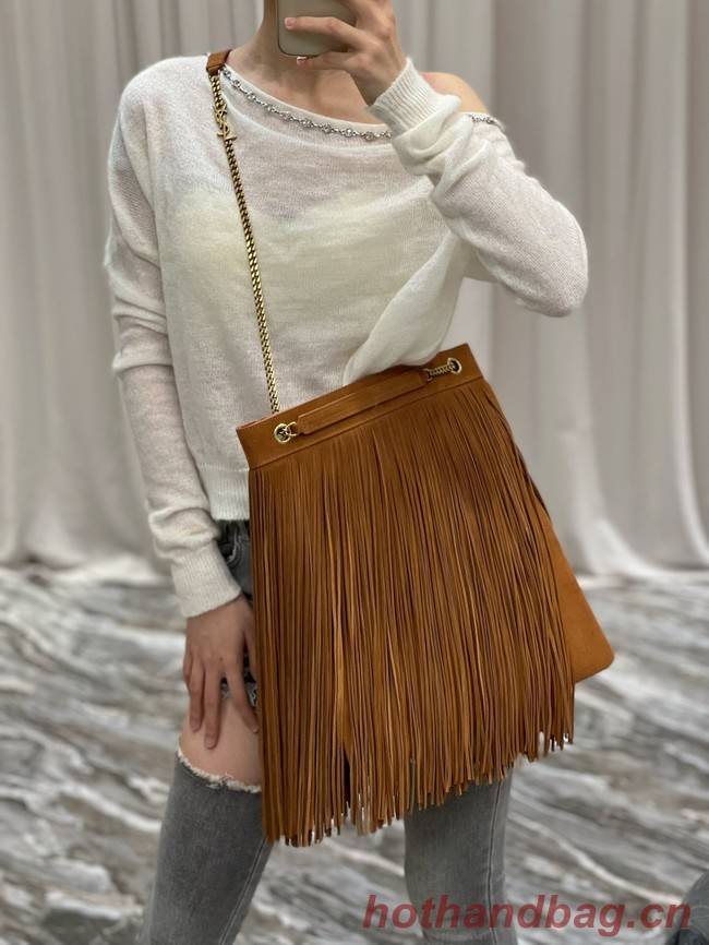 SAINT LAURENT MEDIUM CHAIN BAG IN LIGHT SUEDE WITH FRINGES 633752 Brown