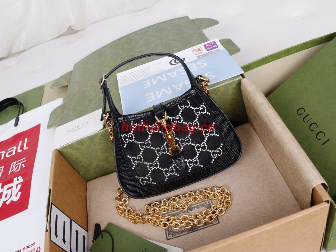 Gucci Jackie 1961 mini crystal GG lizard hobo mesh bag 637091 black