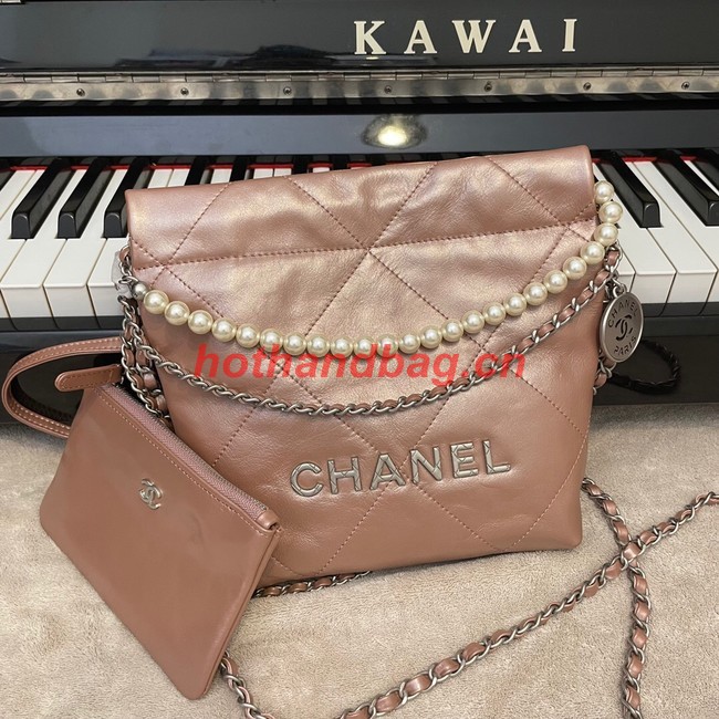 CHANEL MINI 22 HANDBAG  Metallic Calfskin & Silver Metal AS3989 PINK