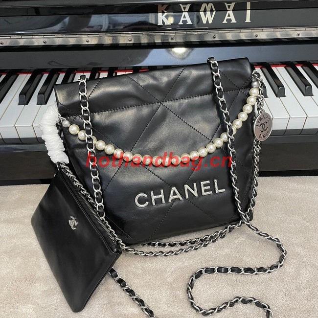 CHANEL MINI 22 HANDBAG Metallic Calfskin & Silver Metal AS3989 black