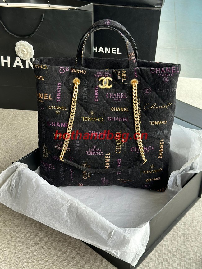 CHANEL Printed Denim & Gold-Tone Metal AS3136 black