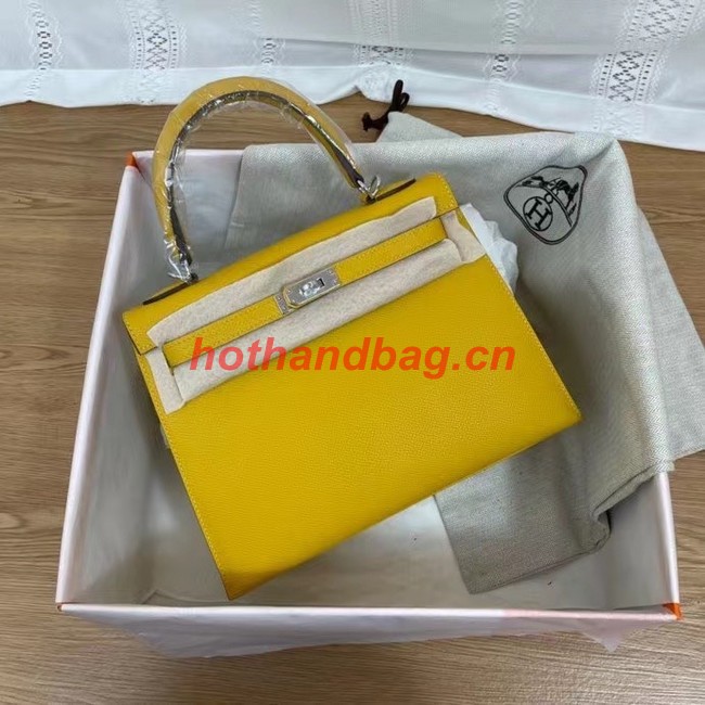 Hermes Kelly 25cm Shoulder Bags Epsom KL2755 yellow&silver-Tone Metal