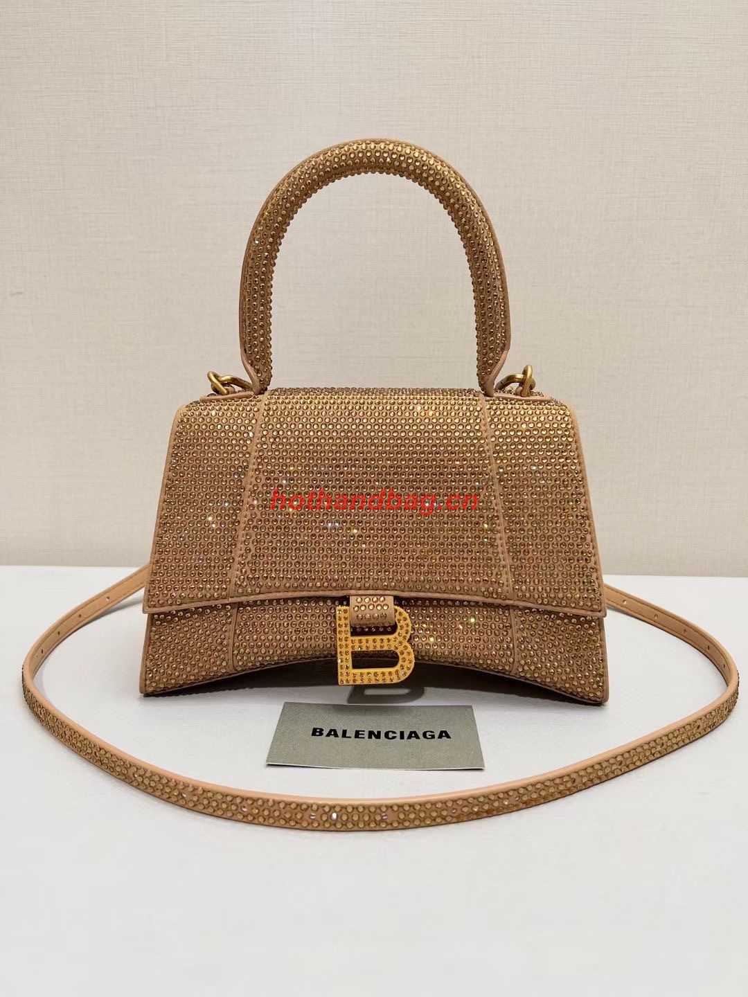 Balenciaga WOMENS HOURGLASS SMALL HANDBAG WITH RHINESTONES 592834 gold