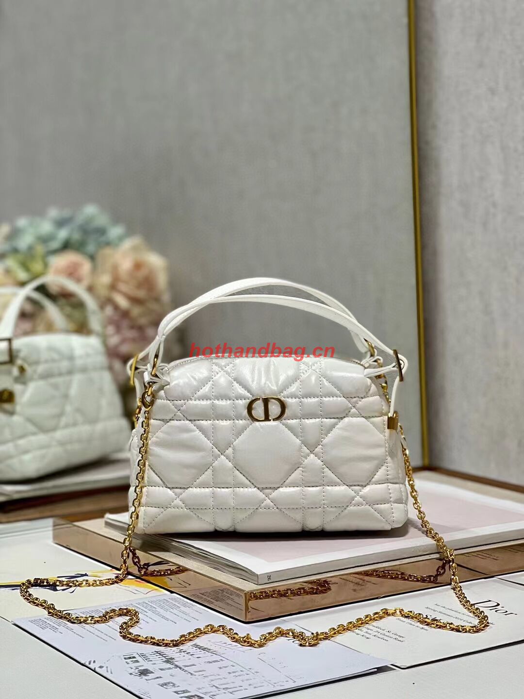 LADY DIOR TOP HANDLE SMALL BAG Latte Cannage Lambskin C0655 WHITE