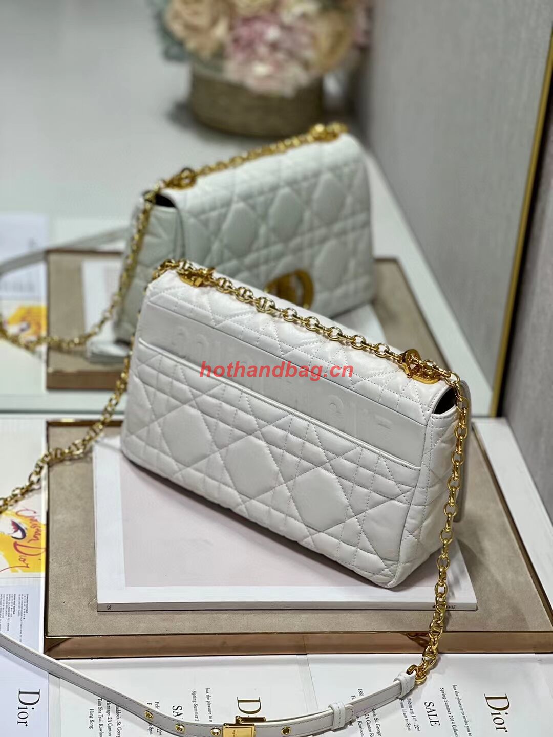 LARGE DIOR CARO BAG Supple Cannage Calfskin C3155 white&gold