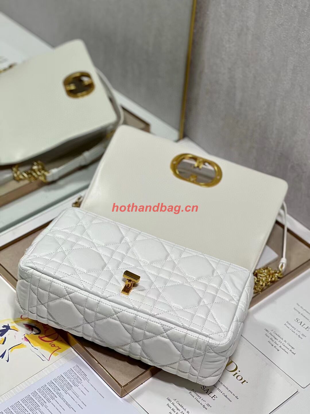 LARGE DIOR CARO BAG Supple Cannage Calfskin C3155 white&gold