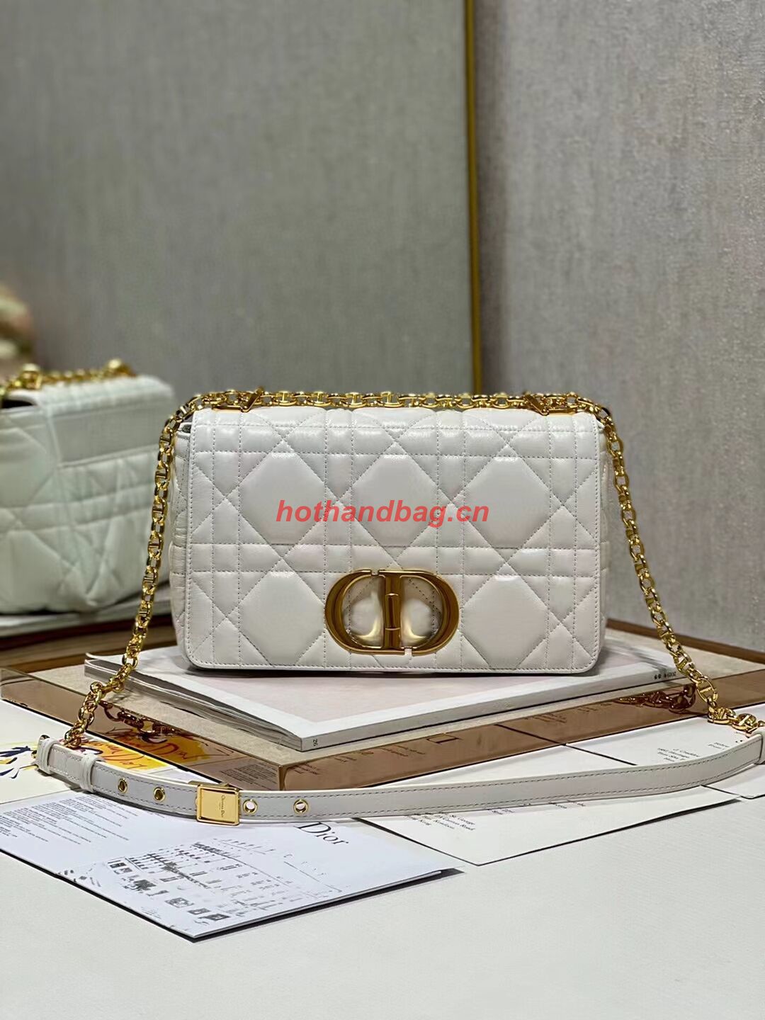 MEDIUM DIOR CARO BAG Supple Cannage Calfskin M9242U white&gold