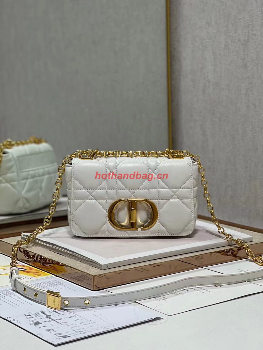 SMALL DIOR CARO BAG Supple Cannage Calfskin M9241U white&gold