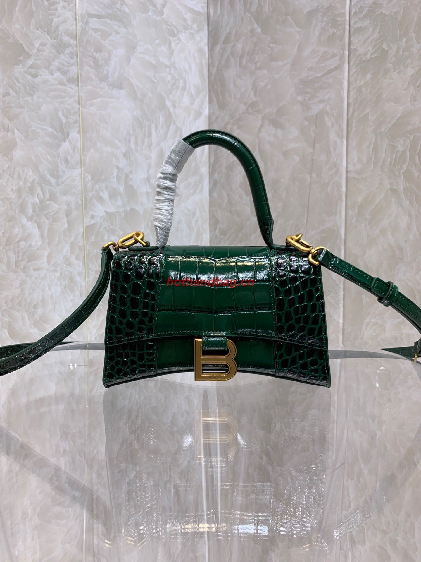 Balenciaga HOURGLASS SMALL TOP HANDLE BAG crocodile embossed calfskin B108895E Dark Green