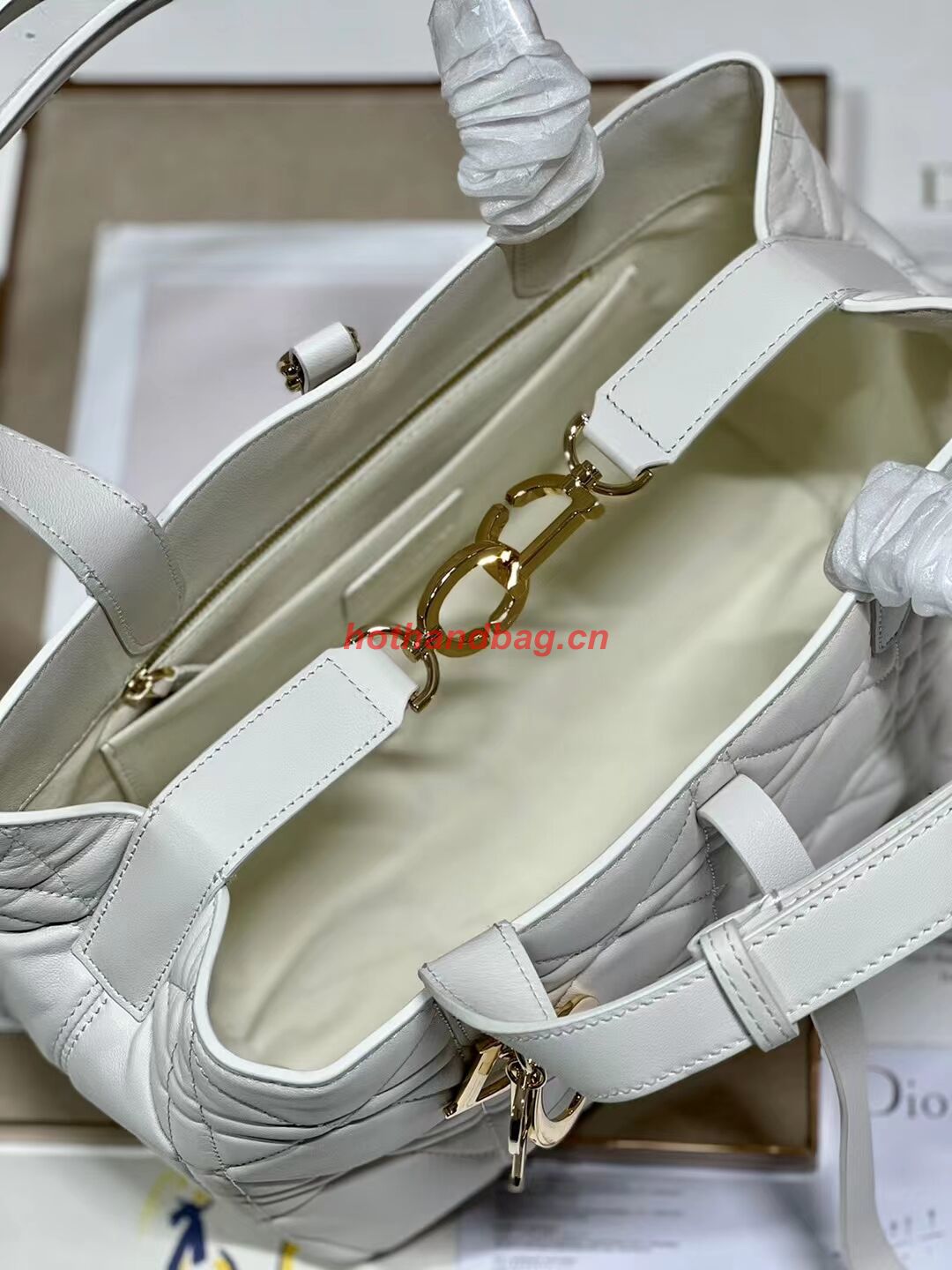 DIOR TOP HANDLE MEDIUM BAG Latte Cannage Lambskin C0089 WHITE&GOLD