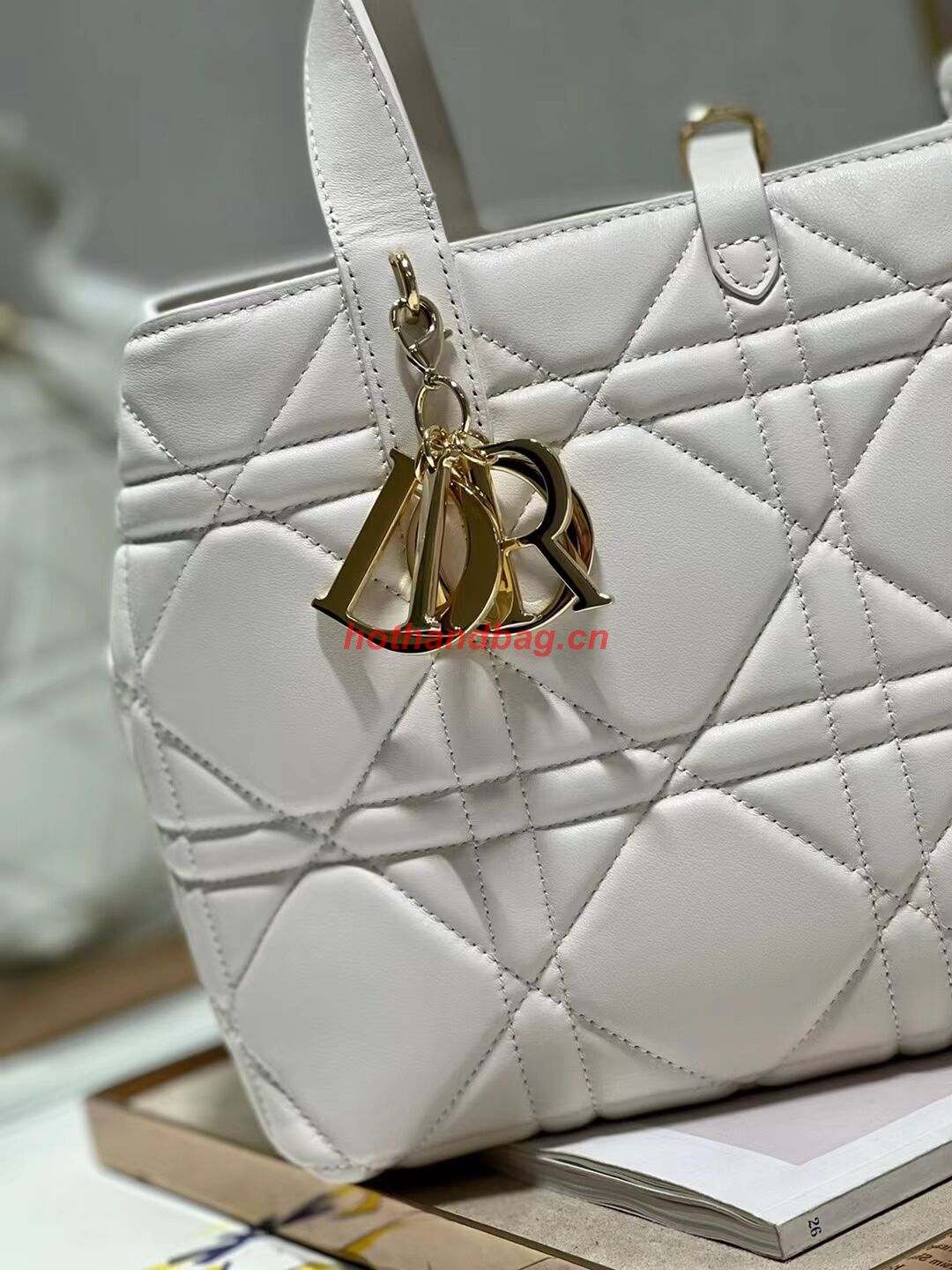 DIOR TOP HANDLE MEDIUM BAG Latte Cannage Lambskin C0089 WHITE&GOLD