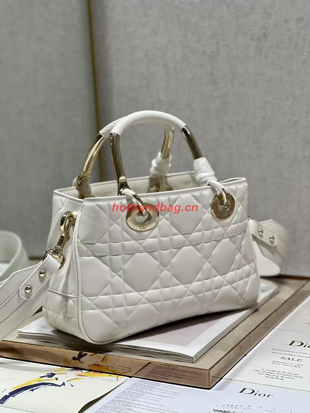 LADY DIOR TOP HANDLE MEDIUM BAG Latte Cannage Lambskin C9227 WHITE&GOLD