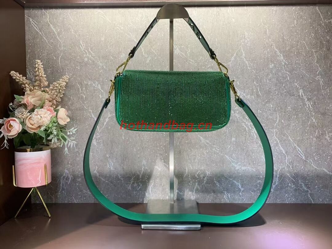 Fendi Baguette crystals and leather bag F0961 green