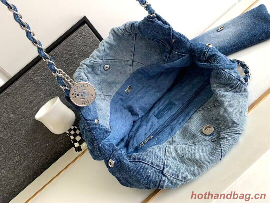 CHANEL 22 Shopping Bag Denim & Silver-Tone Metal AS3137 Blue