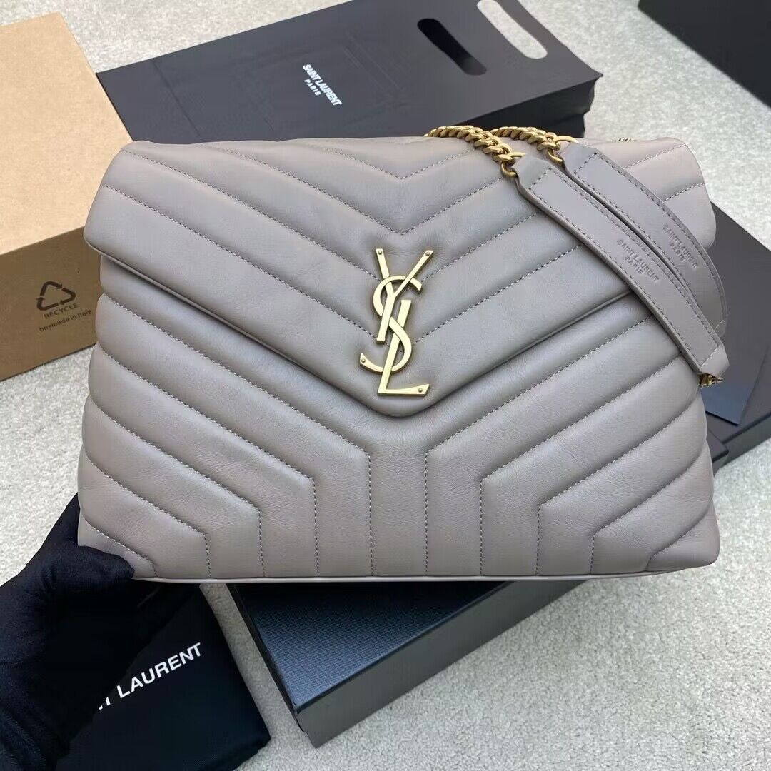 SAINT LAURENT Loulou Monogram Large quilted leather shoulder bag 392288 Light Gray Gold-Tone