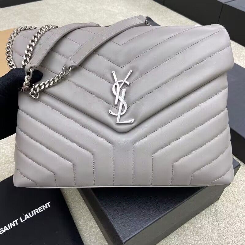 SAINT LAURENT Loulou Monogram Large quilted leather shoulder bag 392288 Light Gray Sliver-Tone