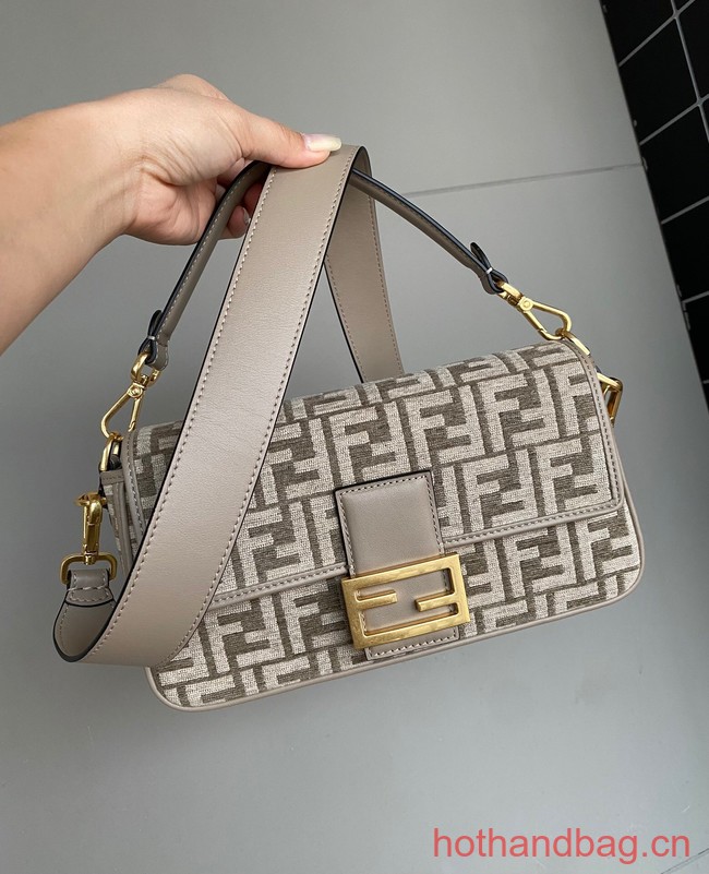 Fendi Baguette Chain Midi dove gray tapestry fabric bag with FF motif 8BR793