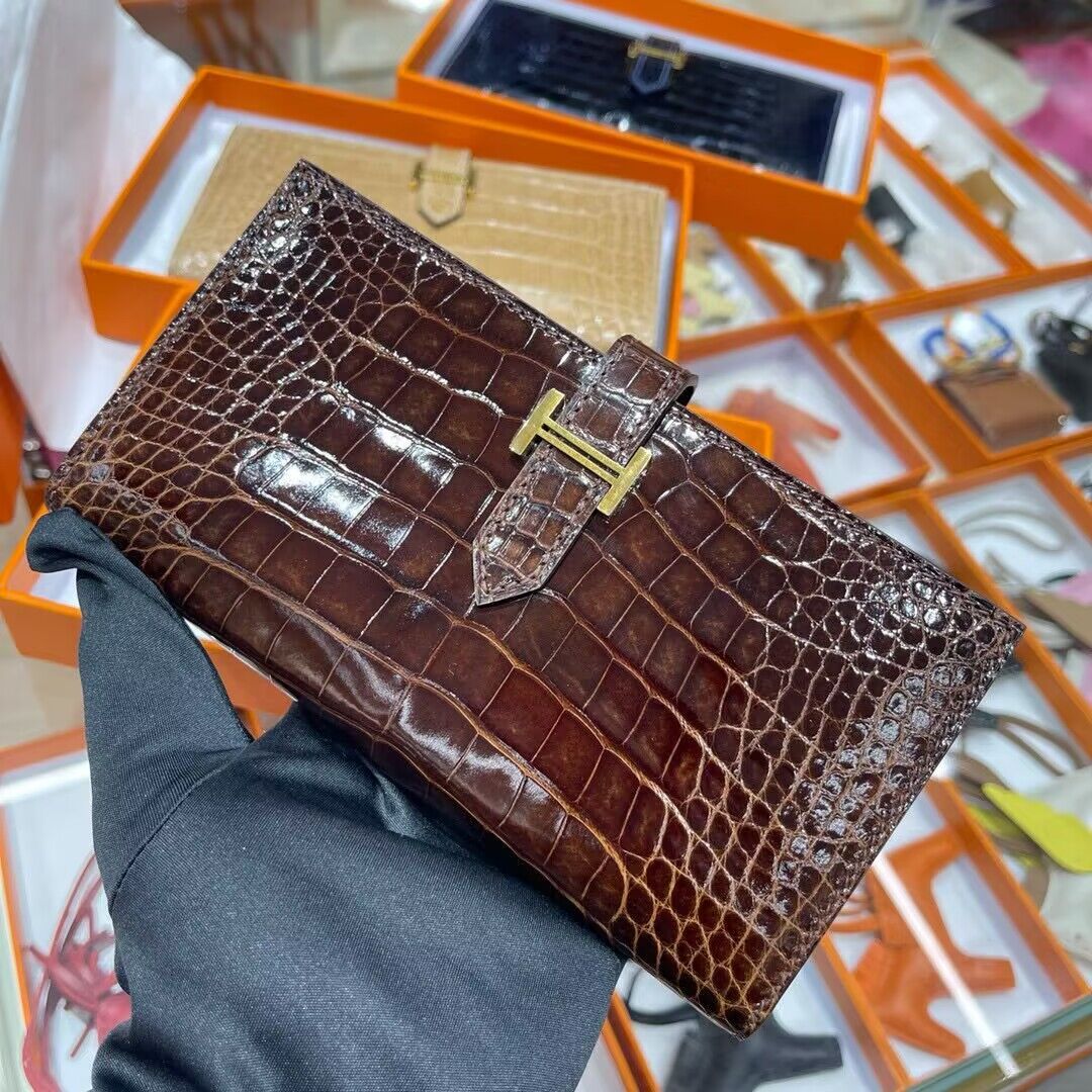 Hermes 100% genuine crocodile leather kelly Wallet 33569 Dark Brown