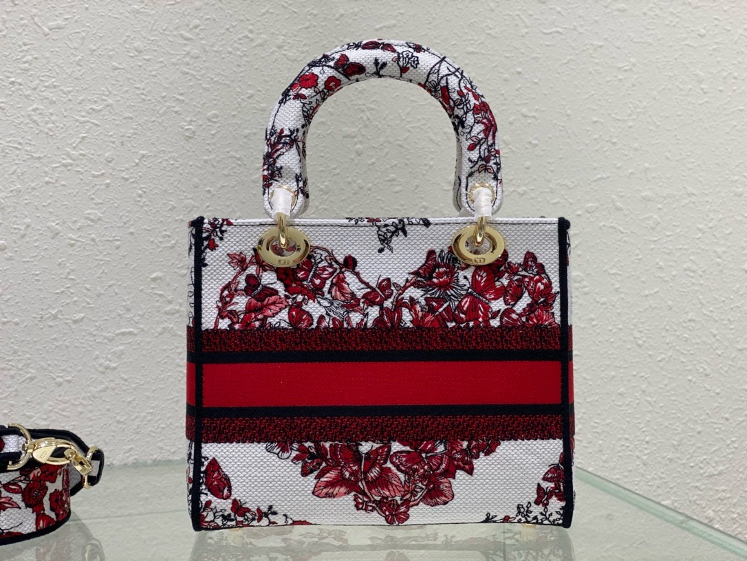 Dior Medium Lady D-Lite Bag White and Red Le Coeur des Papillons Embroidery M0565OEBJ