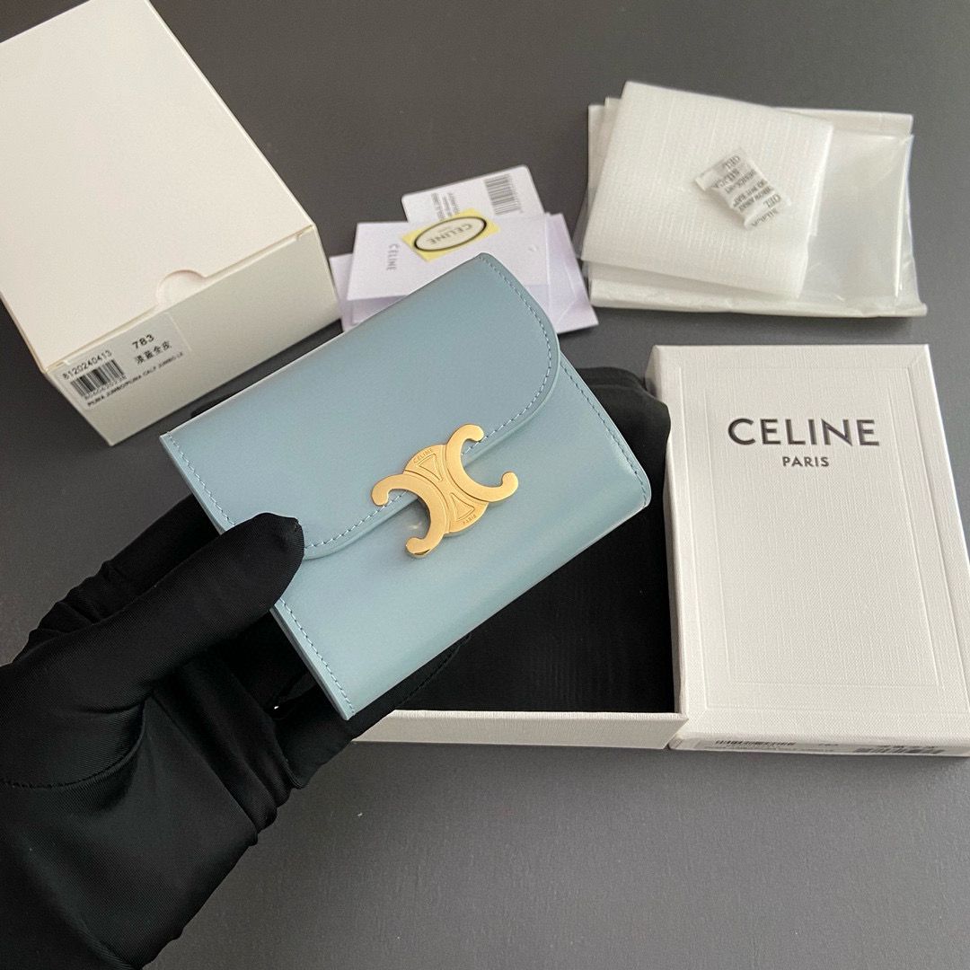 Celine SMALL WALLET TRIOMPHE IN SHINY CALFSKIN 10D783 BLUE