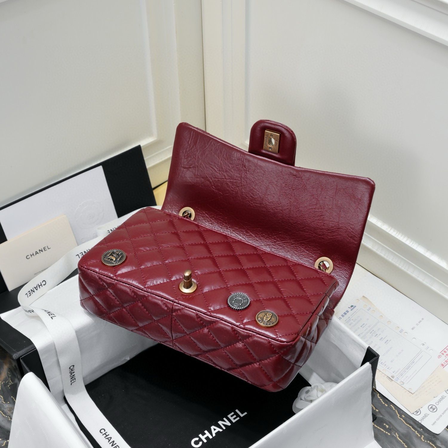 Chanel 2.55 Series Flap Bag Original Sheepskin Leather 92674 Wine Bronze-Tone