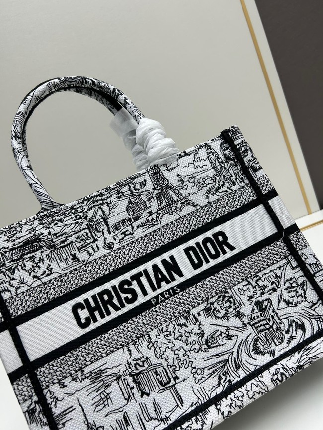 SMALL DIOR BOOK TOTE White and Black Paris Allover Embroidery M1296ZRf gray