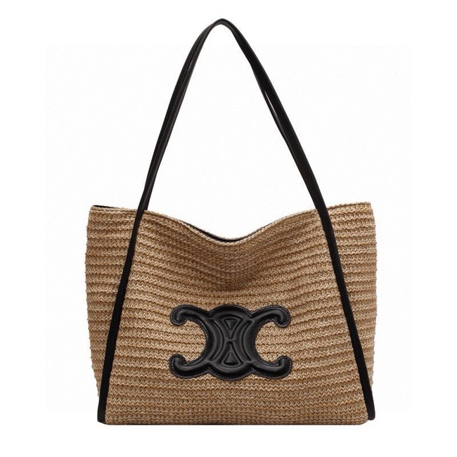 CELINE MEDIUM SUPPLE CELINE CLASSIC PANIER IN RAFFIA AND CALFSKIN 192605-1