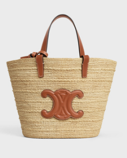 CELINE TEEN SUPPLE CELINE CLASSIC PANIER IN RAFFIA AND CALFSKIN 115802 TAN