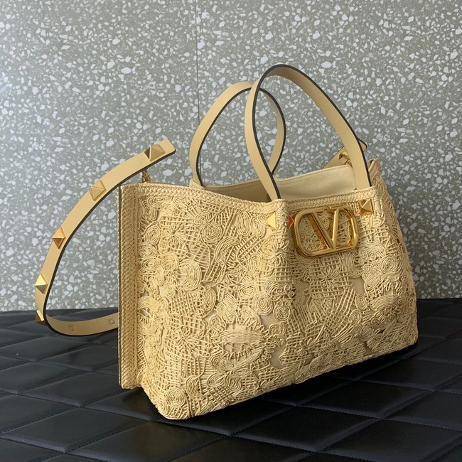 VALENTINO Medium RAFFIA MACRAME Shoulder Bag 0220L Apricot