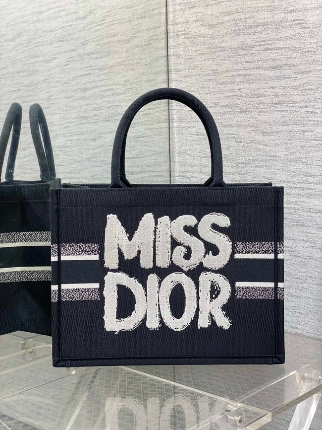 Medium Dior Book Tote Black and White Miss Dior Graffiti Embroidery M1296ZEZ