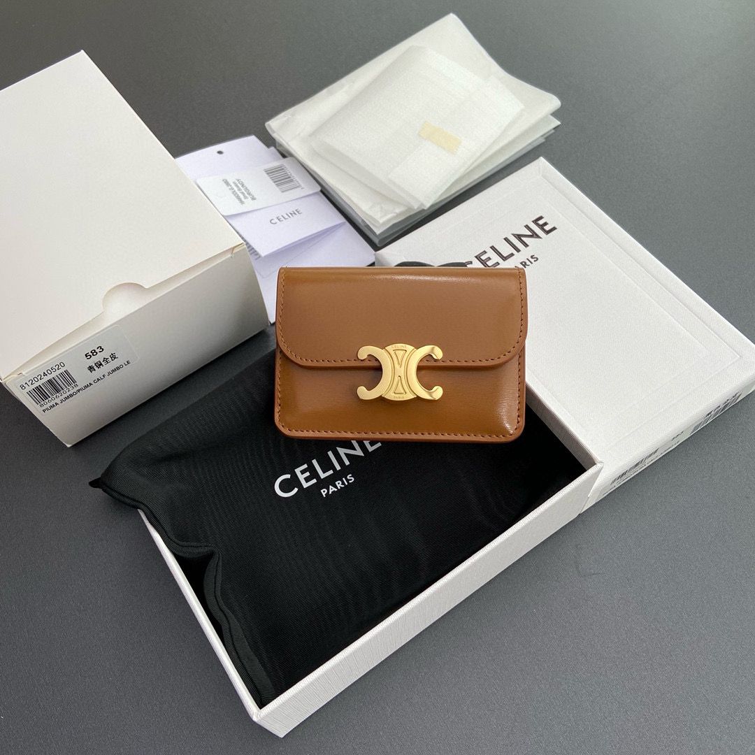 Celine Original Leather Triomphe Card Holder Wallet C583 Brown