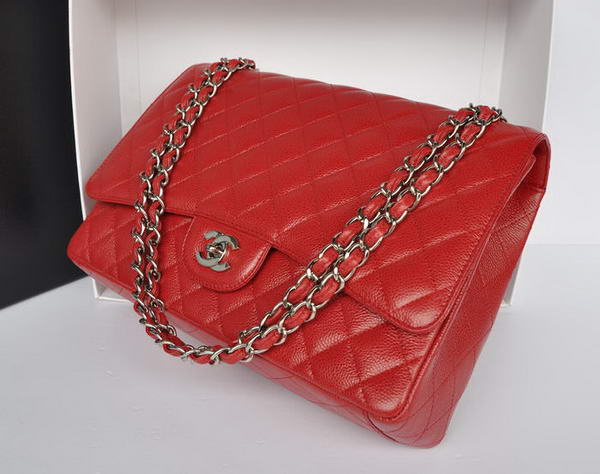 Top Quality Chanel Classic A36070 Red Original Grain Leather Large Flap Bag Silver