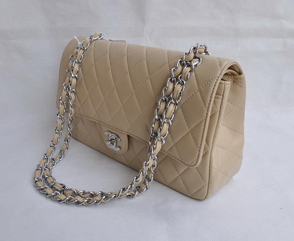 Chanel Classic 2.55 Series Apricot Lambskin Silver Chain Quilted Flap Bag 1113