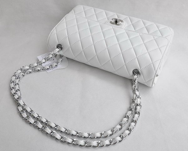 Chanel Classic 2.55 Series White Lambskin Silver Chain Quilted Flap Bag 1113