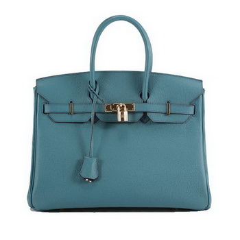 Hermes Birkin 35CM Smooth Leather Handbag 6089 Blue Golden