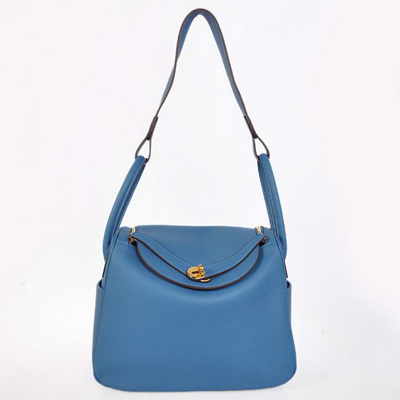 Hermes Lindy 30CM Havanne Handbags 1057 Blue Leather Golden Hardware