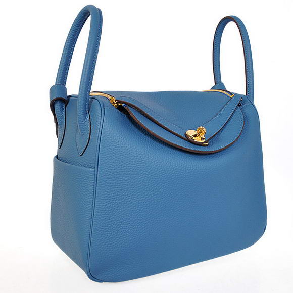 Hermes Lindy 30CM Havanne Handbags 1057 Blue Leather Golden Hardware