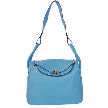 Hermes Lindy 30CM Havanne Handbags 1057 Light Blue Leather Golden Hardware