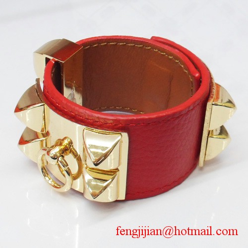 2009 Hermes Red Leather Gold Bangle 1171