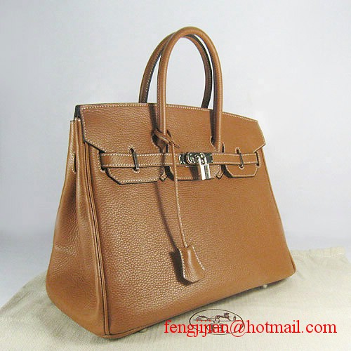 Hermes 35cm Embossed Veins Leather Bag Light Coffee 6089 Silver Hardware