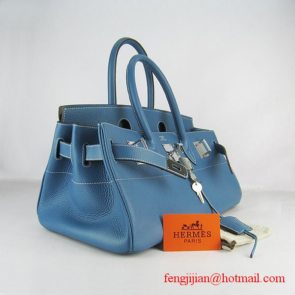 Hermes Birkin 42cm Togo Leather Bag 6109 Blue silver padlock