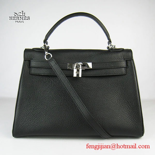 Hermes Kelly 32cm Togo Leather Bag Black 6108 Silver Hardware